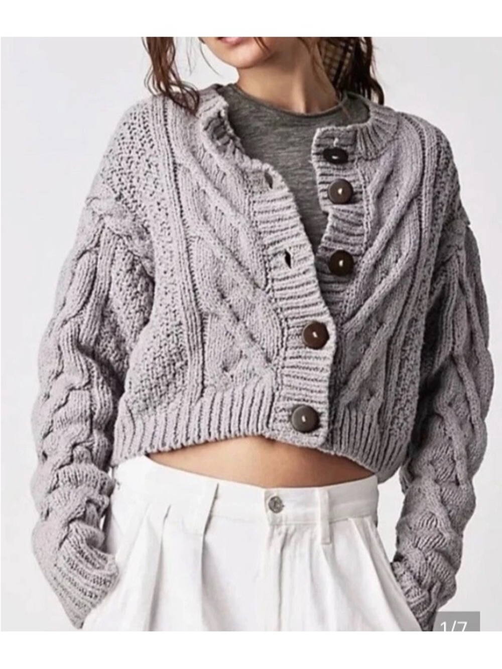 Free People Bonfire Cable Cardigan Women M Grey Cropped Chunky Knit Cottagecore